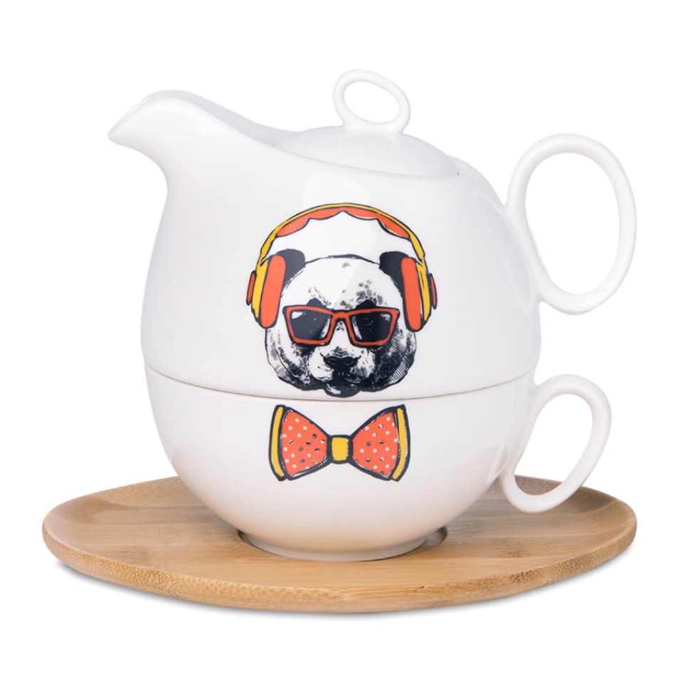 Чайник с кружкой на подставке  "Мила" без упаковки, 21,5х24х12см,500мл и 300мл, фарфор, бамбук