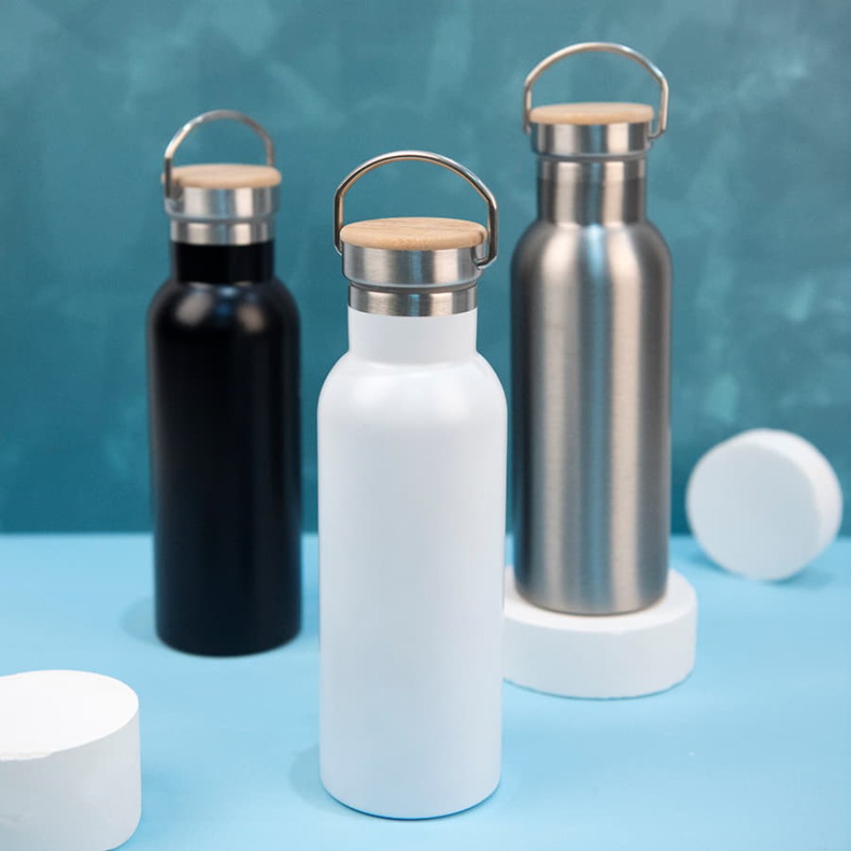 Бутылка для воды DISTILLER, 500мл. белый, нержавеющая сталь, бамбук