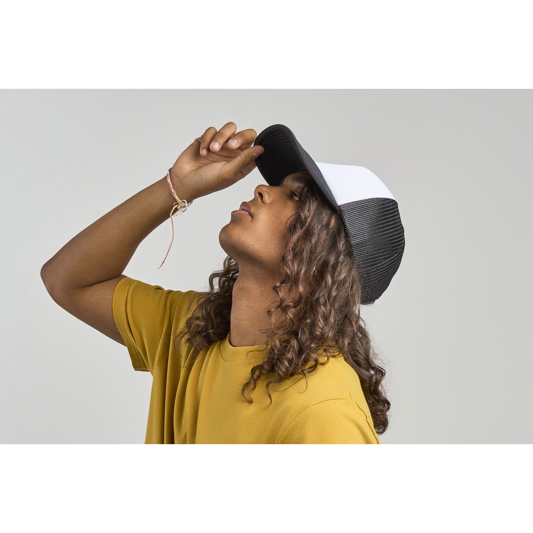 Бейсболка "RAPPER-S", 5 клиньев, пласт. заст, белый/жёлтый,100% переработанный полиэстер, 80 г/м2