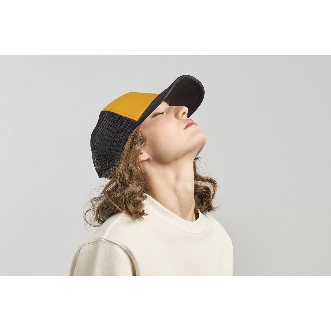 Бейсболка "RAPPER-S", 5 клиньев, пласт. заст, белый/жёлтый,100% переработанный полиэстер, 80 г/м2