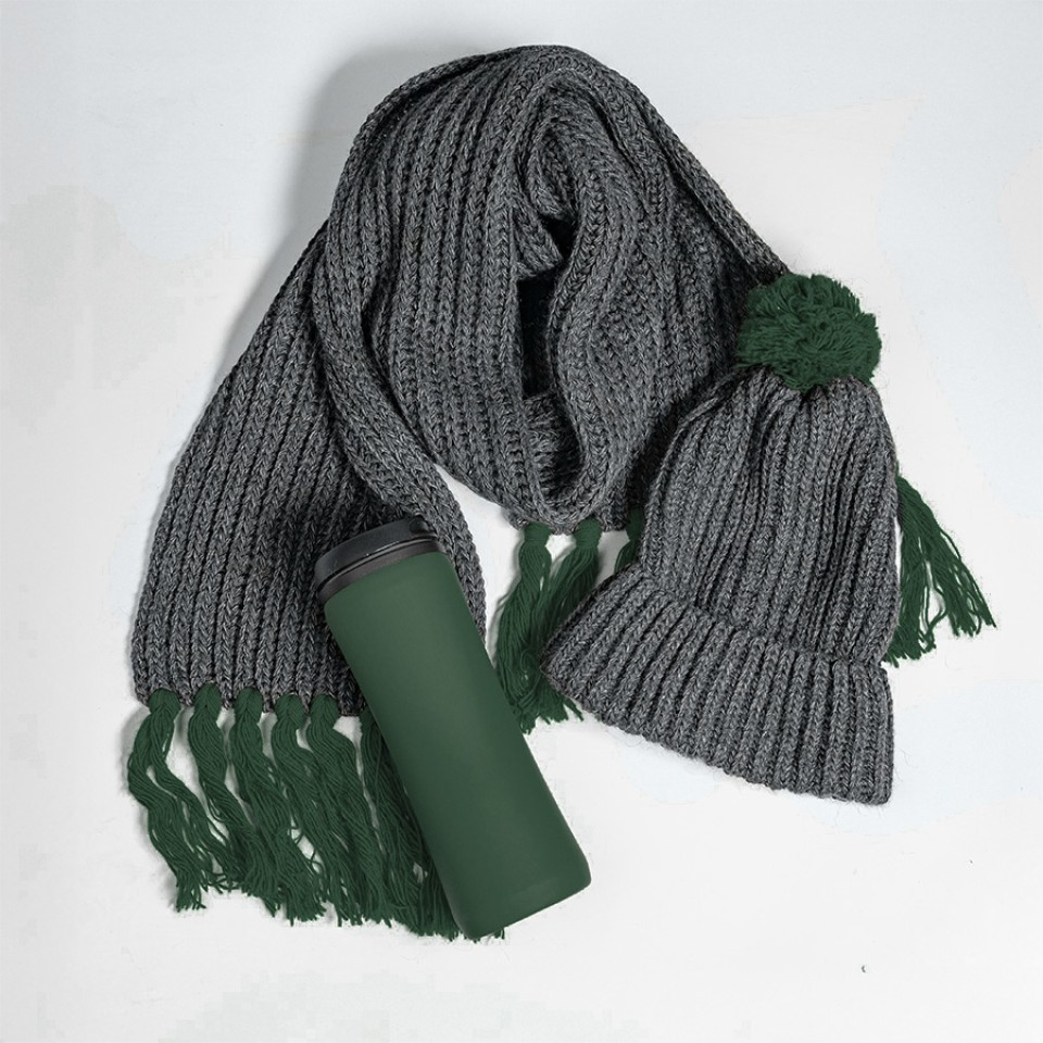 Набор подарочный COLD NIGHT: шарф и шапка, термокружка, темно-зеленый