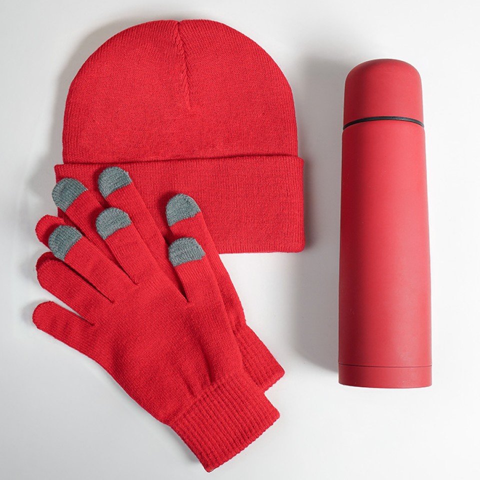 Набор подарочный GET WARM: перчатки, шапка, термос, красный
