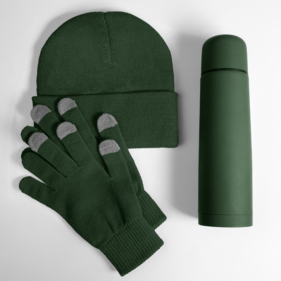 Набор подарочный GET WARM: перчатки, шапка, термос, зеленый