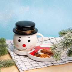 Чайная пара СНЕГОВИК с крышкой, 380мл, фарфор