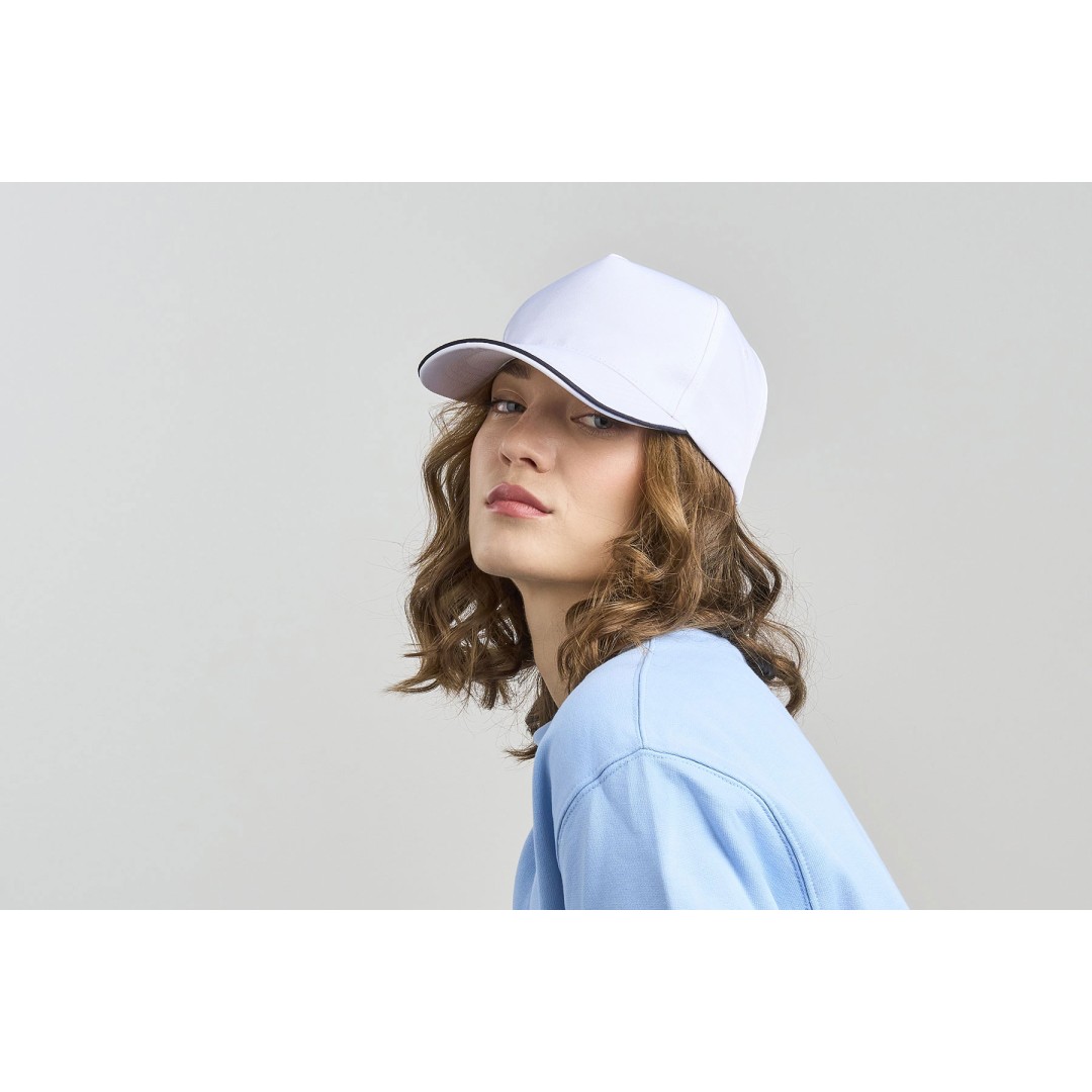 Бейсболка RECY FIVE PIPING, 5 клиньев, застежка-липучка, белый/тёмно-синий, 100% полиэстер, 220 г/м2