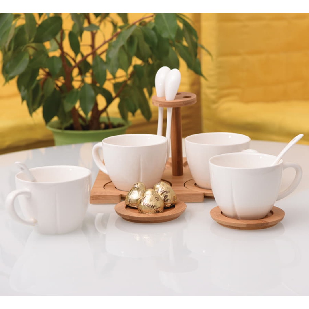 Чайная пара с ложкой (4шт) на подставке "Ксю" в упаковке, 200 мл, фарфор