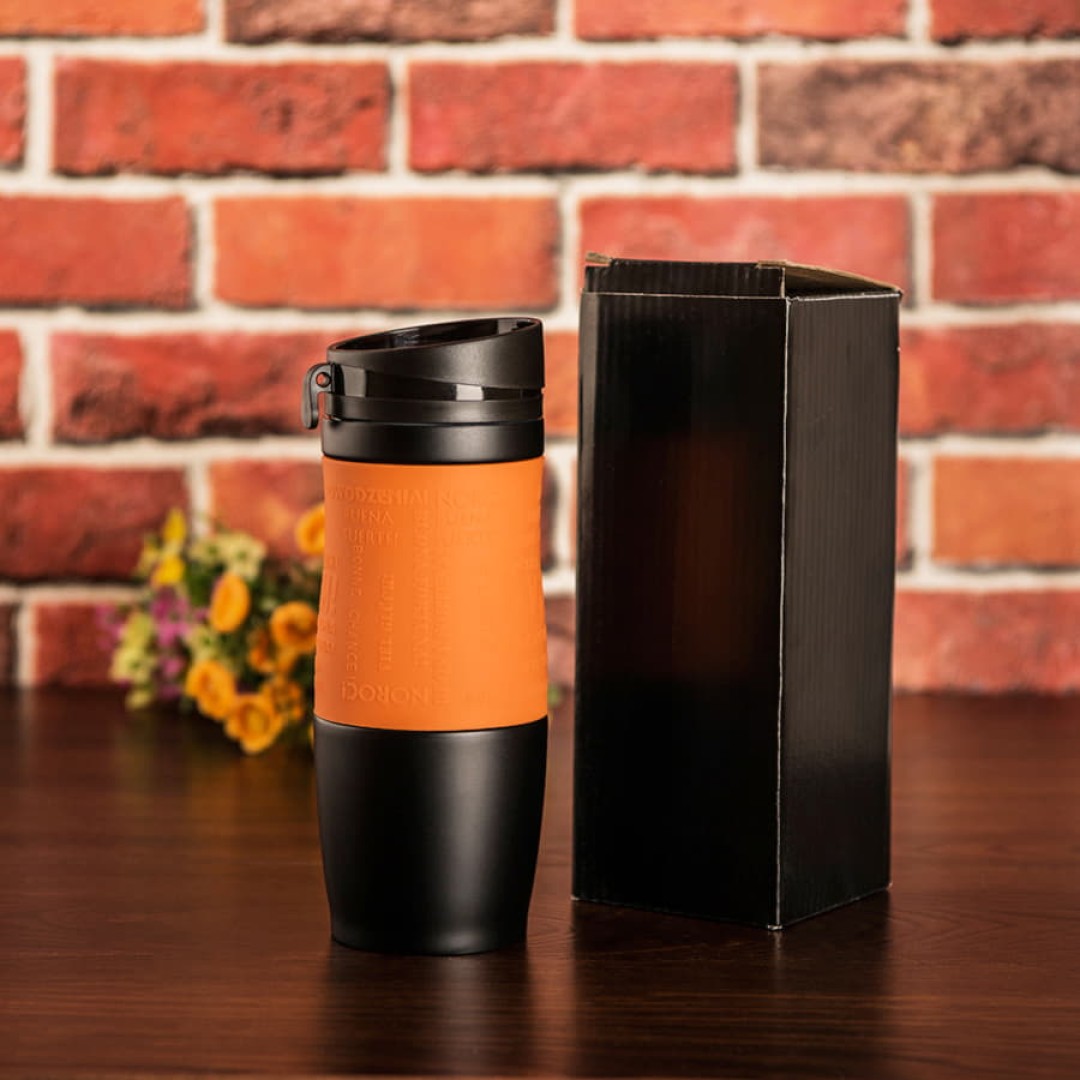 Термокружка вакуумная "УДАЧА",  400 мл, оранжевый, металл/силикон