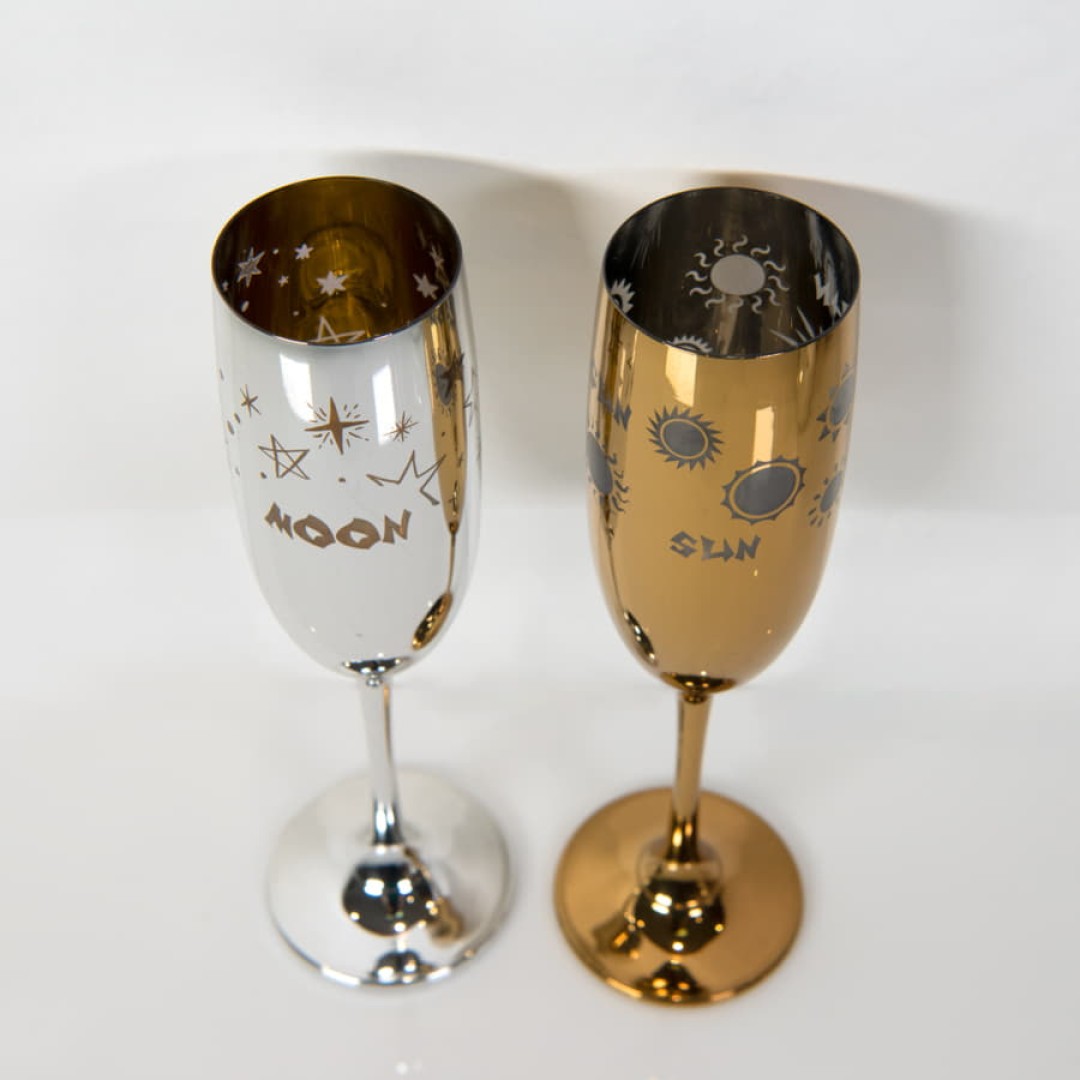 Бокалы для шампанского MOON&SUN (2шт), золотой и серебяный, 26,5х25,3х9,5см, стекло
