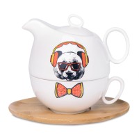 Чайник с кружкой на подставке  "Мила" в упаковке, 22х22х12см,500мл и 300мл, фарфор, бамбук