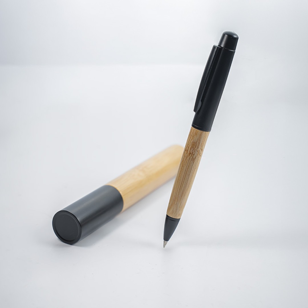 Ручка шариковая BALK в тубе-футляре, бежевый/черный, бамбук, металл