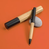 Ручка шариковая BALK в тубе-футляре, бежевый/черный, бамбук, металл