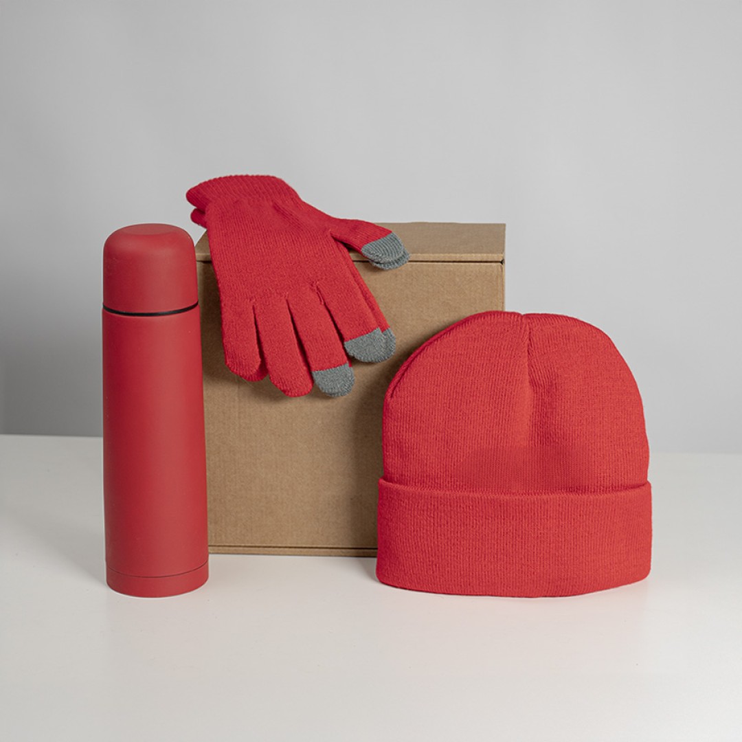Набор подарочный GET WARM: перчатки, шапка, термос, красный
