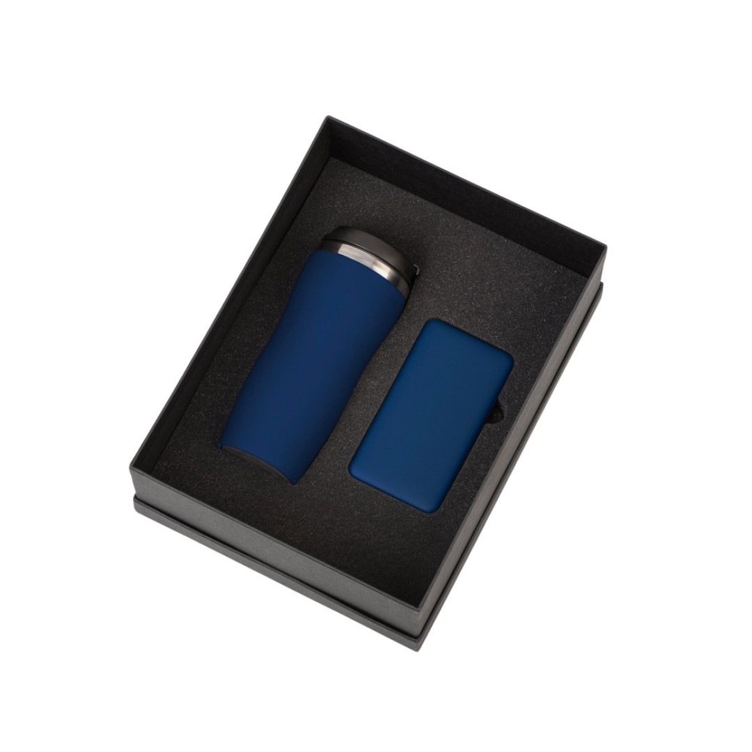 Подарочный набор c термокружкой С1 и повербанком С2, темно-синий