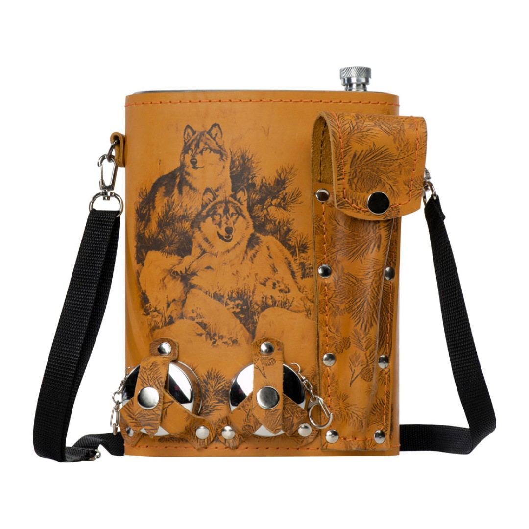 Набор «Подарочный»: фляга 511/2 (рыжая кожа), 2л+2 стаканчика+2 вилки