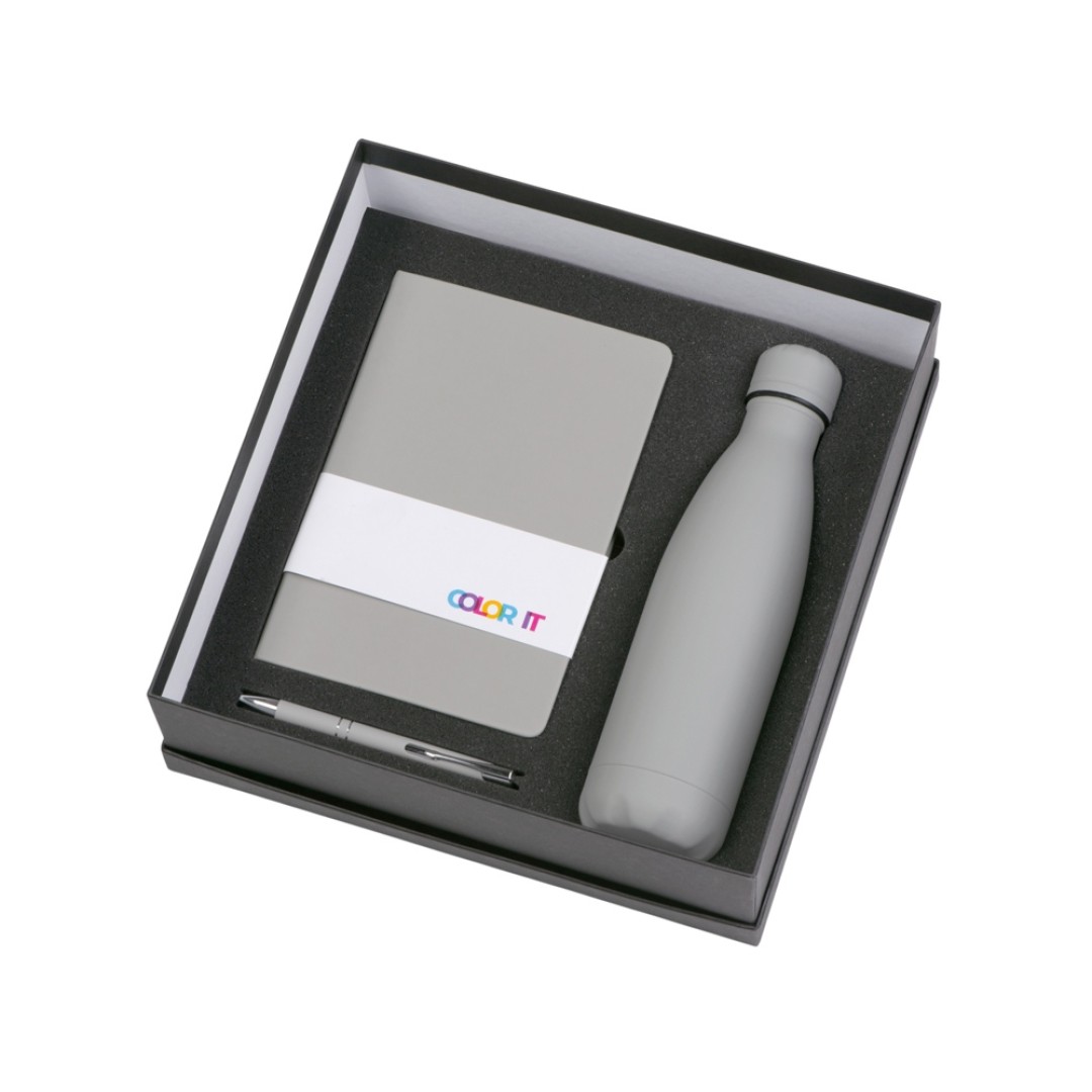 Подарочный набор с блокнотом С1, металлической ручкой и термобутылкой, серый