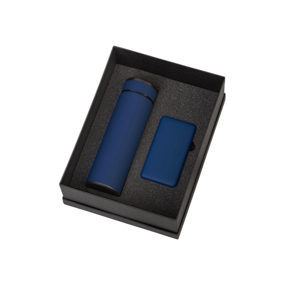 Подарочный набор с термосом и повербанком С2, темно-синий