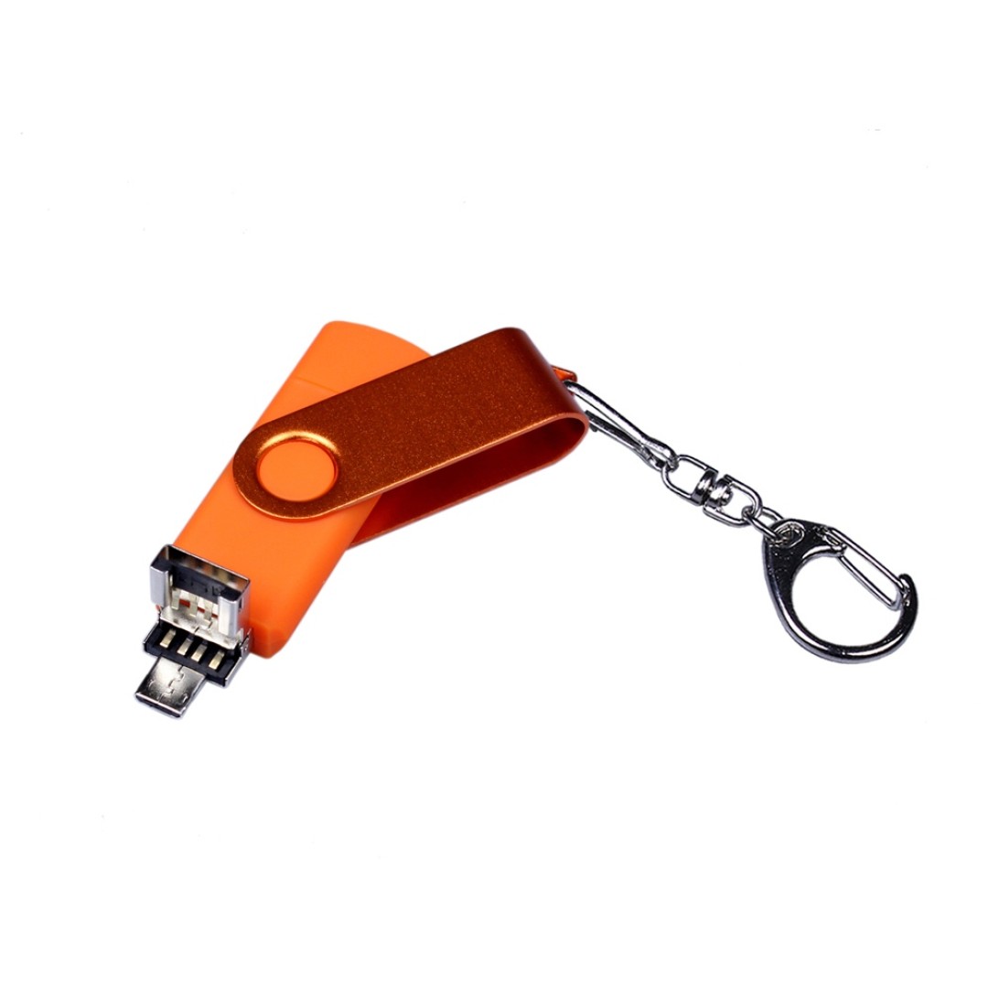 USB-флешка на 16 Гб 3 в 1 поворотный механизм, c двумя дополнительными разъемами MicroUSB и TypeC C с одноцветным металлическим клипом, оранжевый