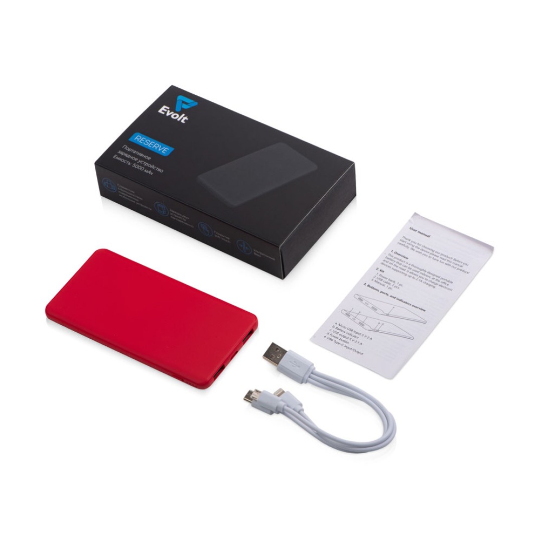 Портативное зарядное устройство «Reserve» с USB Type-C, 5000 mAh, красный