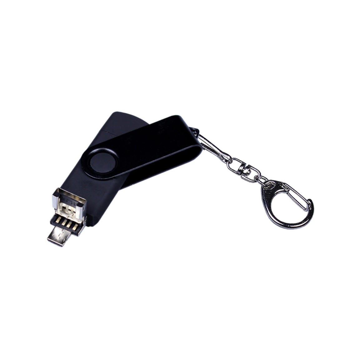 USB-флешка на 16 Гб 3 в 1 поворотный механизм, c двумя дополнительными разъемами MicroUSB и TypeC C с одноцветным металлическим клипом, черный
