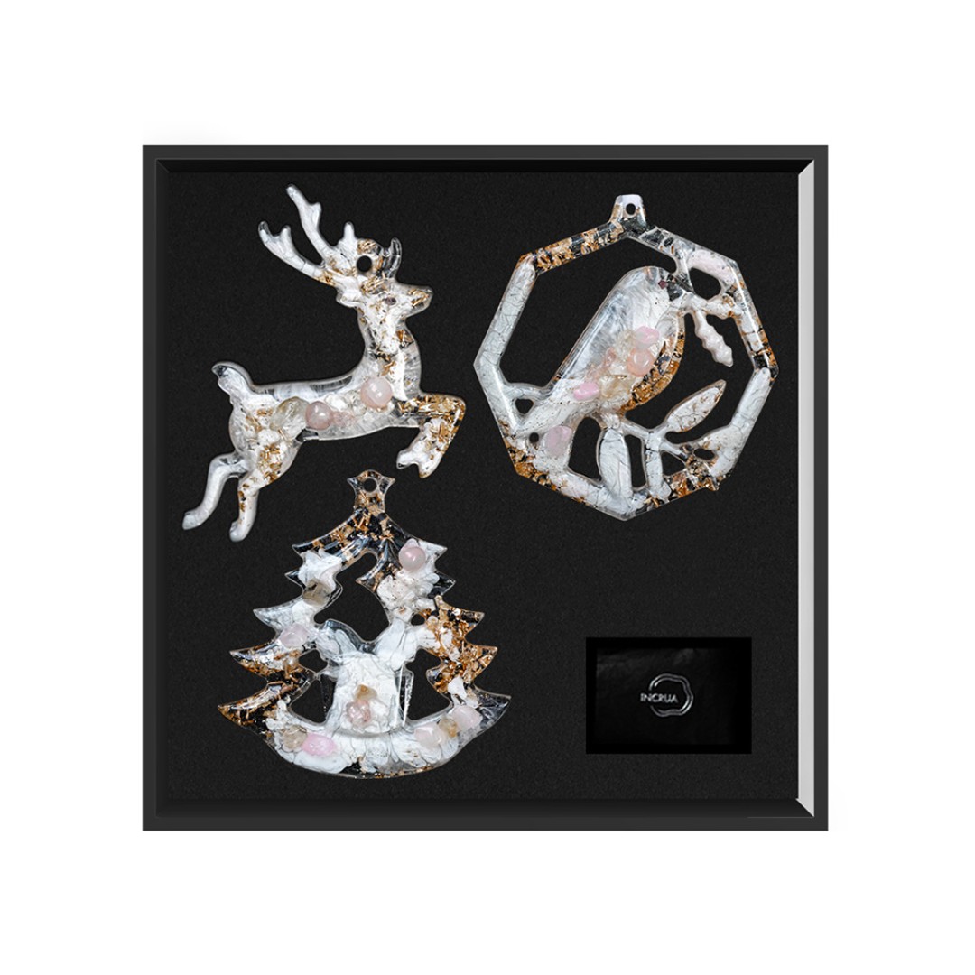 Елочные игрушки ( Снегирь+ Олень+ Ель) Розовый кварц