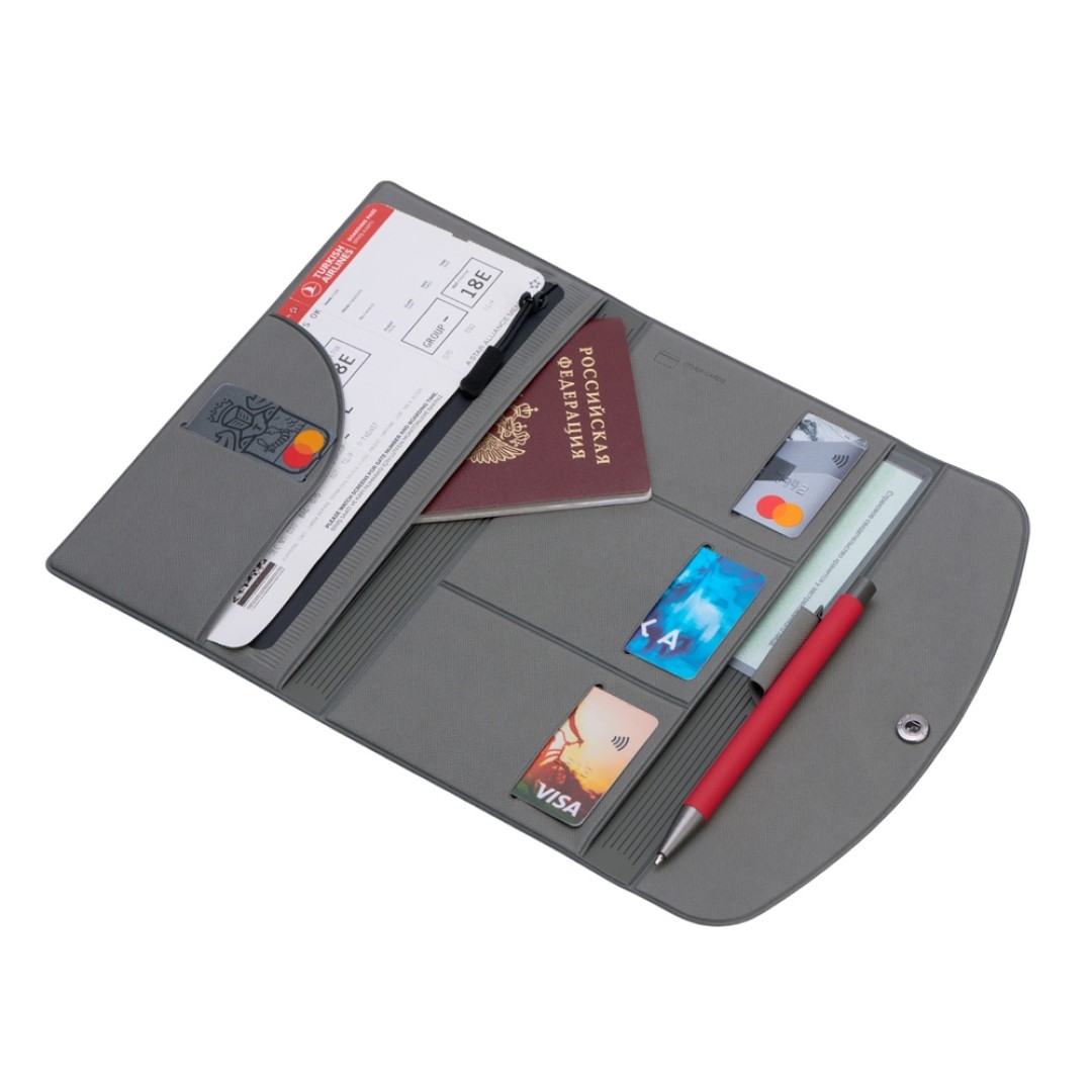 Органайзер для документов на кнопке с отделением для купюр и ручки, упаковка в индивидуальный пакет, серый