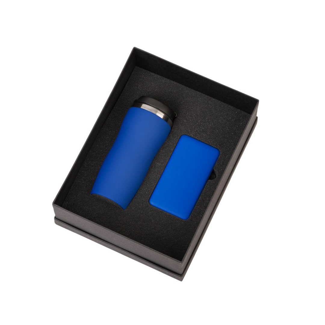 Подарочный набор c вакуумной термокружкой и повербанком С2, синий