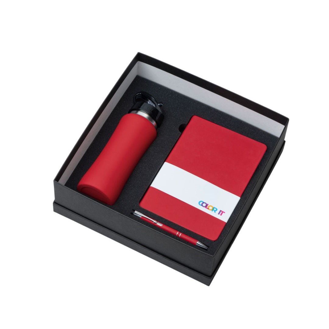 Подарочный набор с блокнотом С3, металлической ручкой и бутылкой для воды, красный