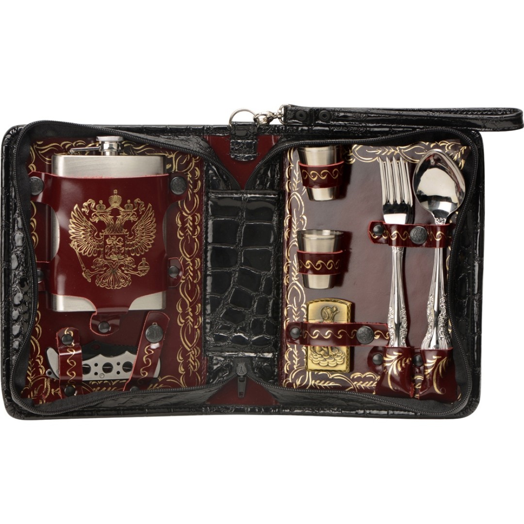 Набор "Дорожный" на 4 персоны в барсетке с худ. выжиганием (герб)