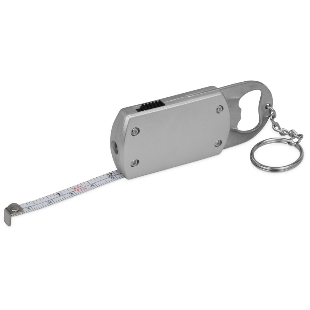 Брелок-открывалка с рулеткой и фонариком "Open", серебристый