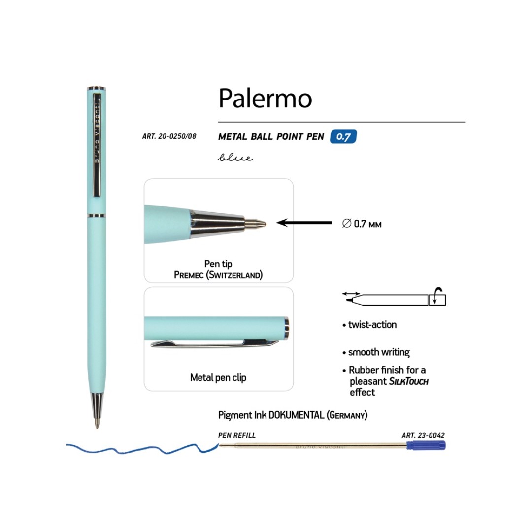 Ручка "Palermo" шариковая  автоматическая, нежно- голубой металлический корпус, 0,7 мм, синяя
