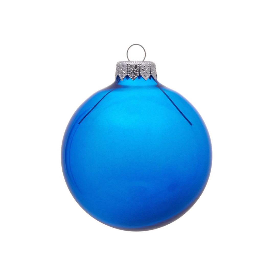 Стеклянный елочный шар "Christmas bauble", синий прозрачный, с серебристым колпачком в черной коробке