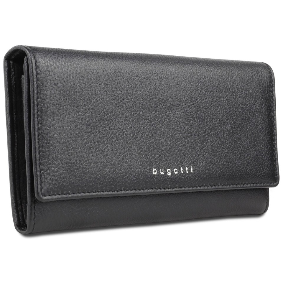 Кошелёк женский BUGATTI Lady Top, чёрный, натуральная воловья кожа, 20х2,5х10,5 см