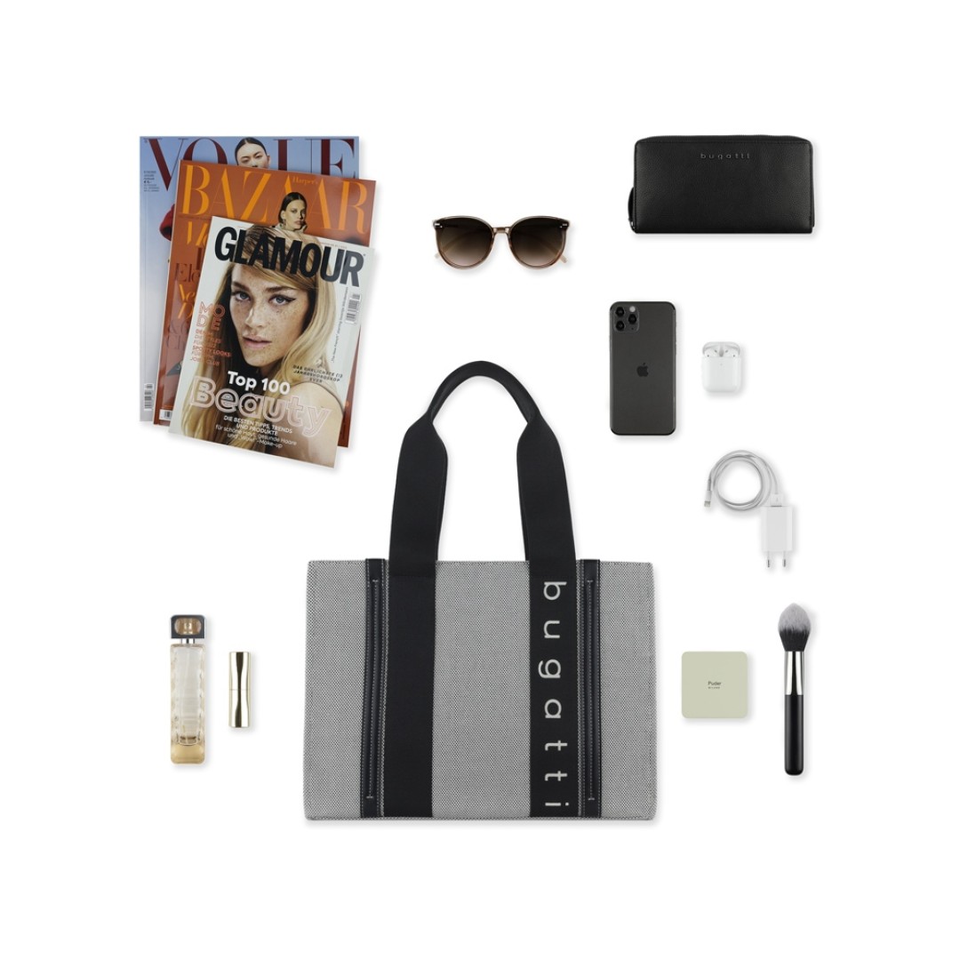 Сумка-тоут женская BUGATTI Ambra, серо-черный цвет, хлопок/полиэстер, 36,5х19х27 см