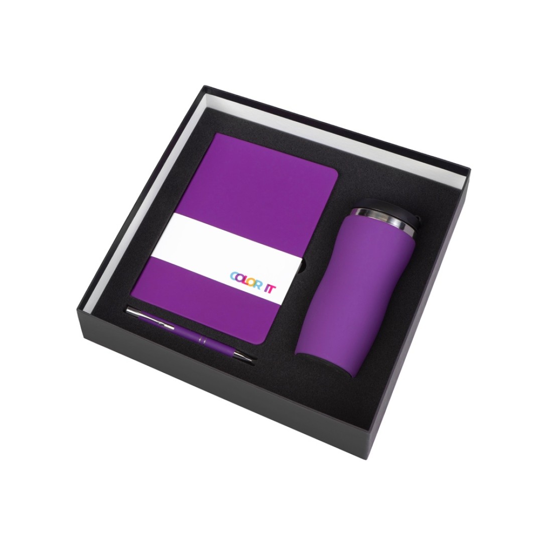 Подарочный набор с блокнотом С1, металлической ручкой и термокружкой, фиолетовый