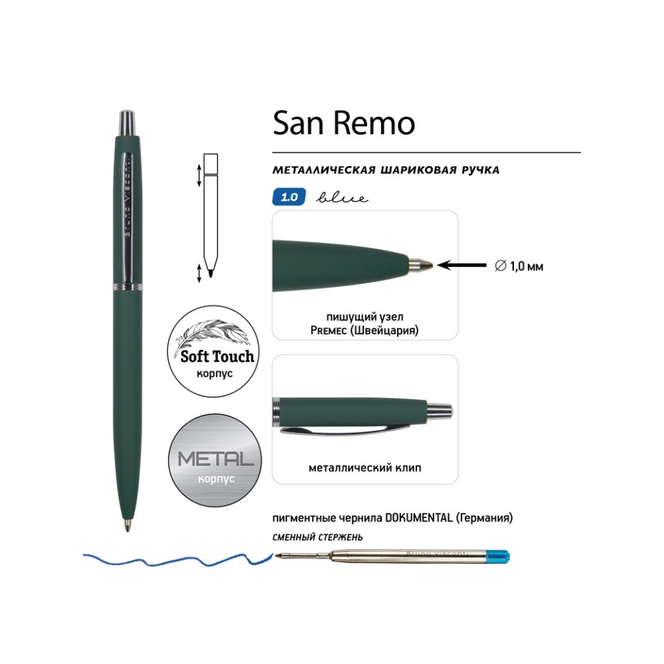 Ручка металлическая шариковая "San Remo", софт-тач, 1.0 мм, зеленый