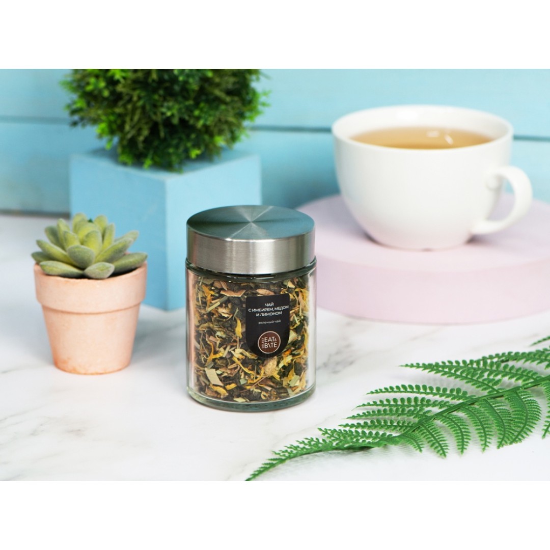 Чай зеленый, серия "Essence", с медом, имбирем и лимоном, стеклянная банка