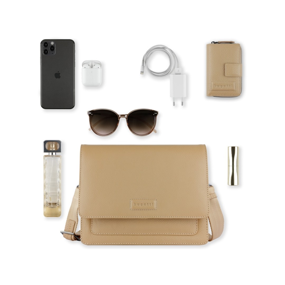 Сумка через плечо женская BUGATTI Elsa, песочного цвета, воловья кожа/полиэстер, 25х8,5х20 см