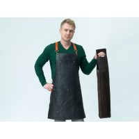 Набор: фартук из натуральной кожи в тубусе, черный с рыжими ремнями