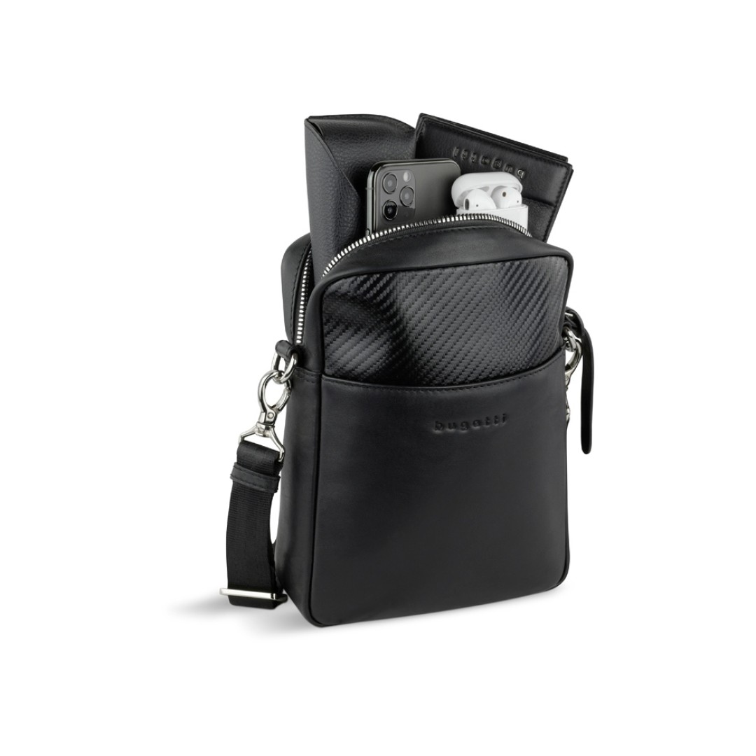 Сумка наплечная мужская BUGATTI Comet, чёрная, воловья кожа/полиэстер, 17х4,7х21 см