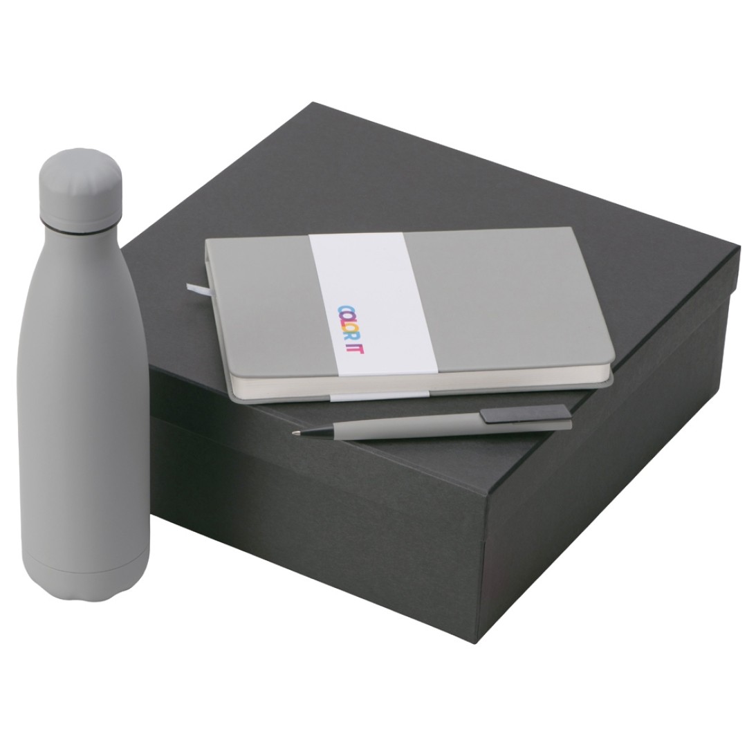 Подарочный набор c блокнотом C2, ручкой и термобутылкой, серый