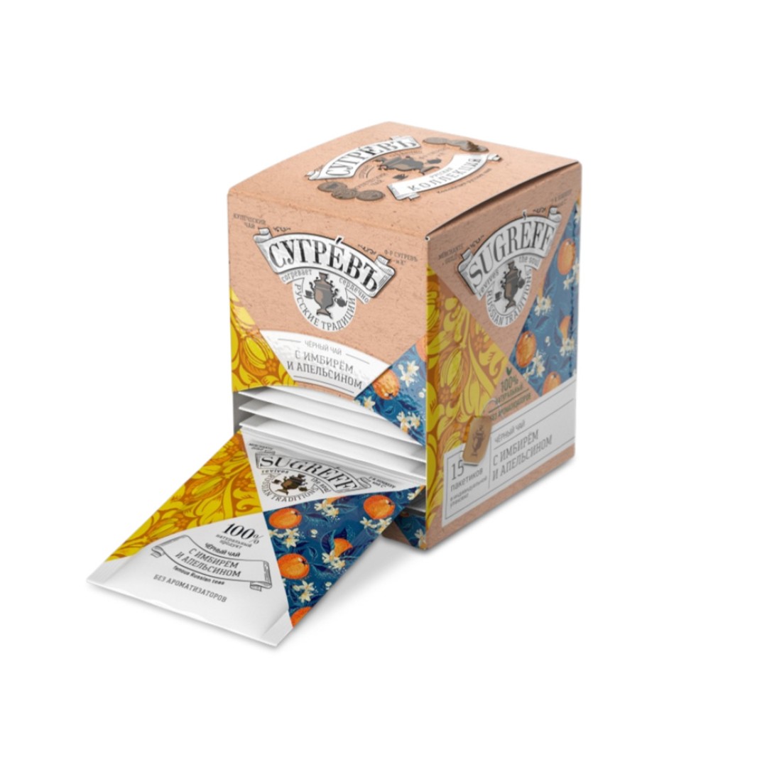 Черный чай с имбирем и апельсином в индивидуальном саше конверте, 15 пакетиков