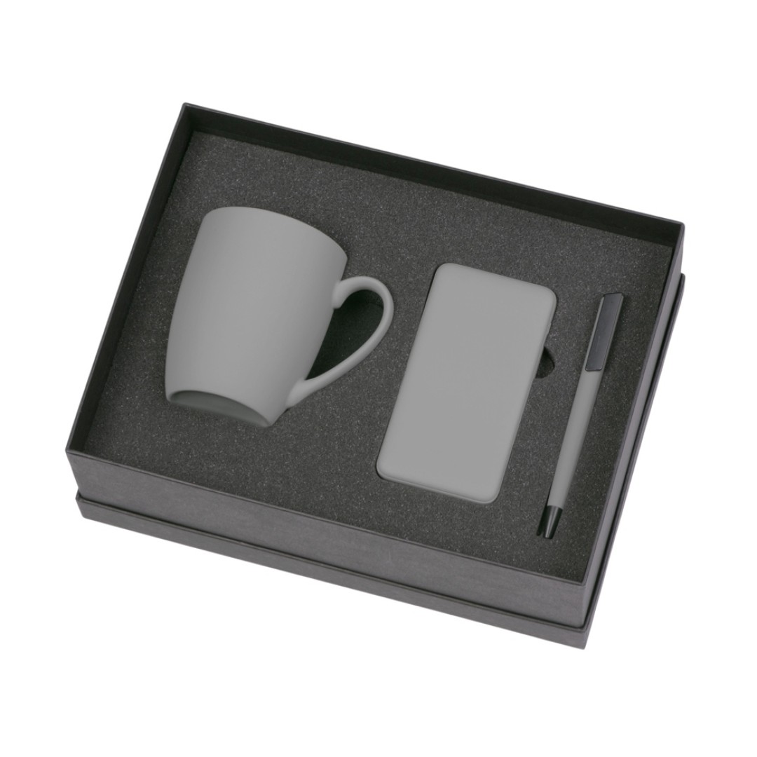 Подарочный набор c кружкой, пластиковой ручкой и повербанком С2, 10000 mAh, серый