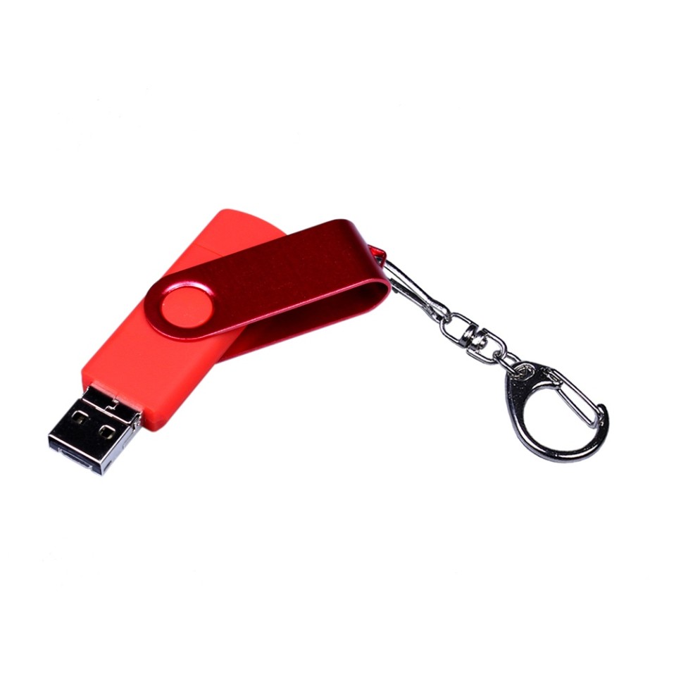 USB-флешка на 64 ГБ 3 в 1 поворотный механизм, c двумя дополнительными разъемами MicroUSB и TypeC C с одноцветным металлическим клипом, красный