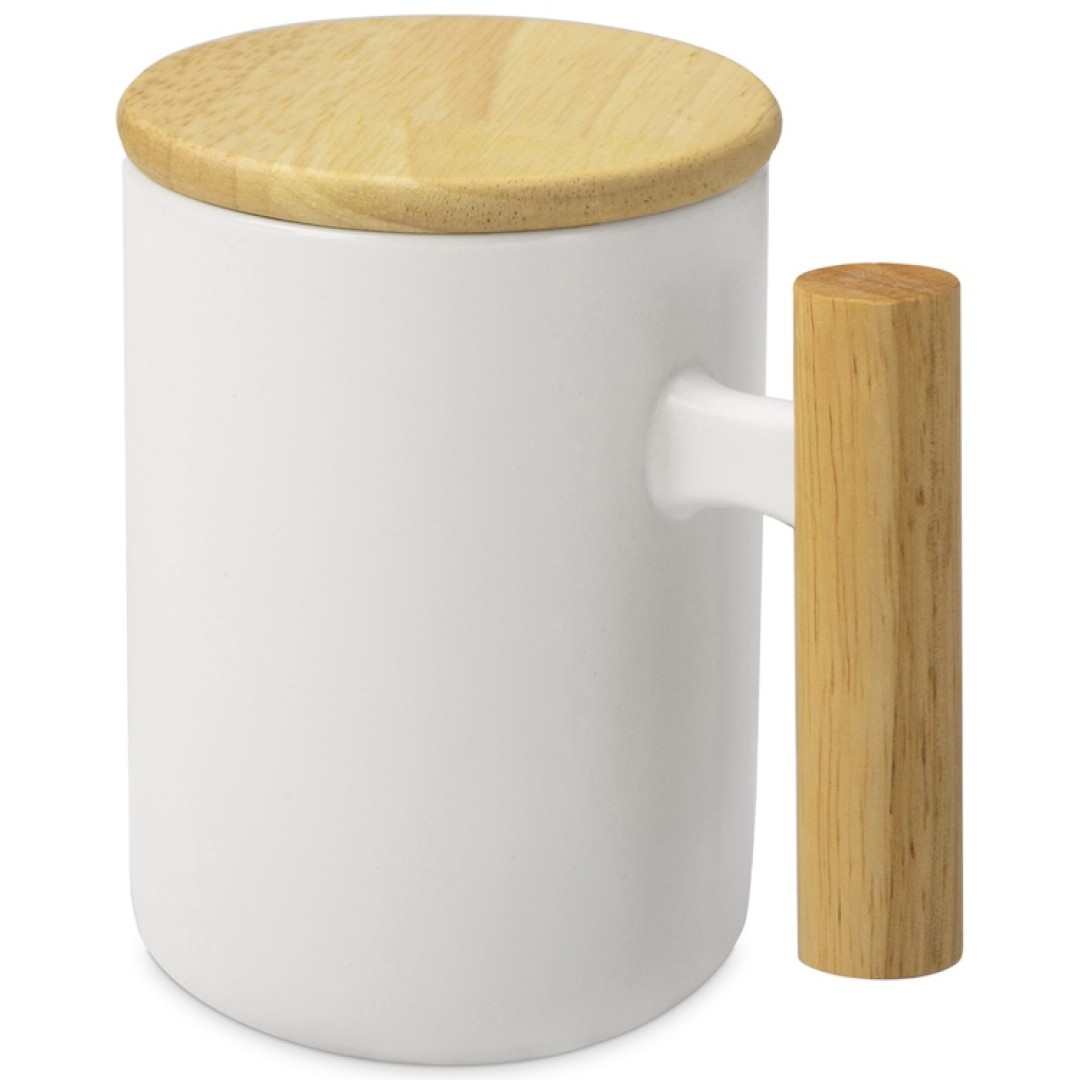 Кружка с ручкой и крышкой из каучукового дерева Jeny, белый