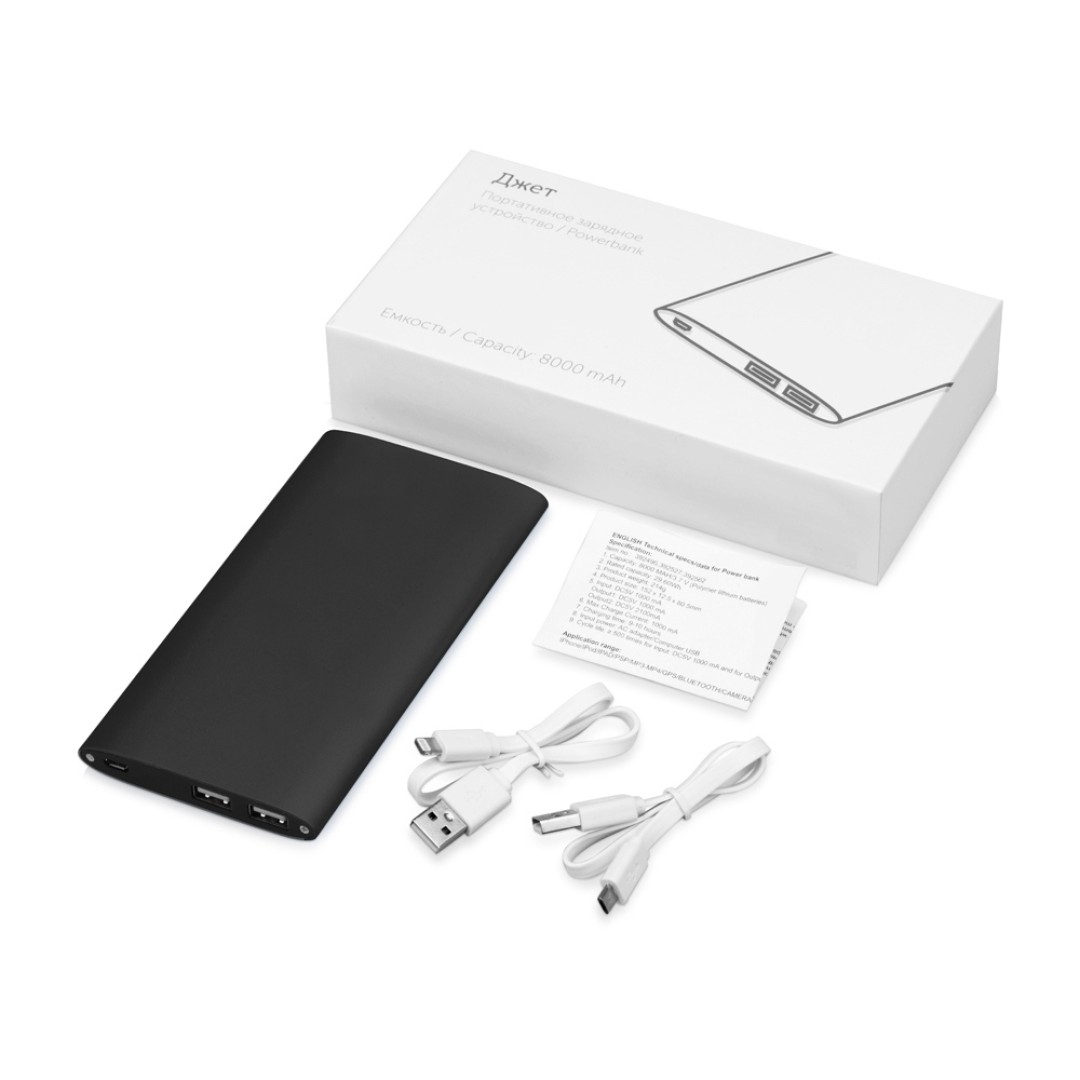 Портативное зарядное устройство "Джет" с 2-мя USB-портами, 8000 mAh, черный