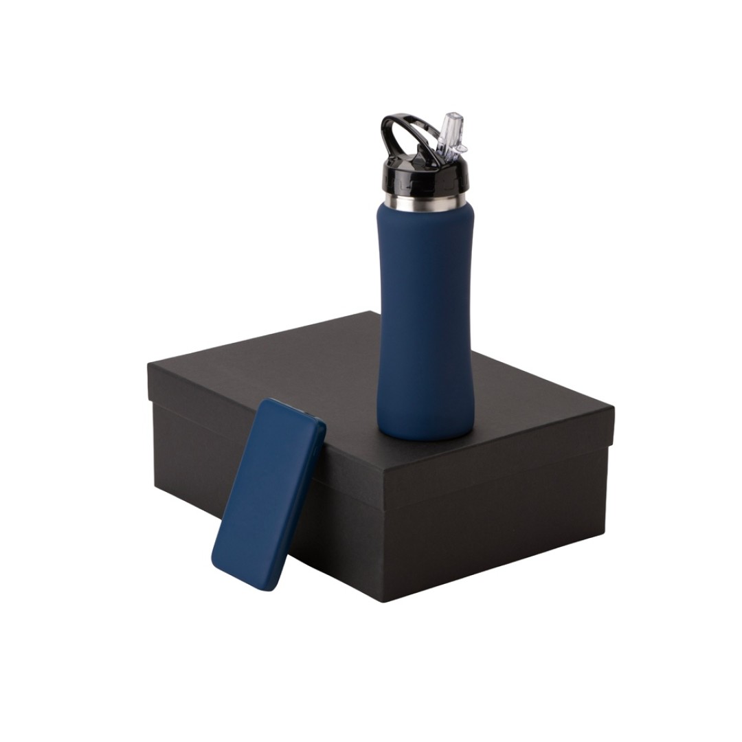 Подарочный набор с бутылкой для воды и повербанком С2, 10000 mAh, темно-синий