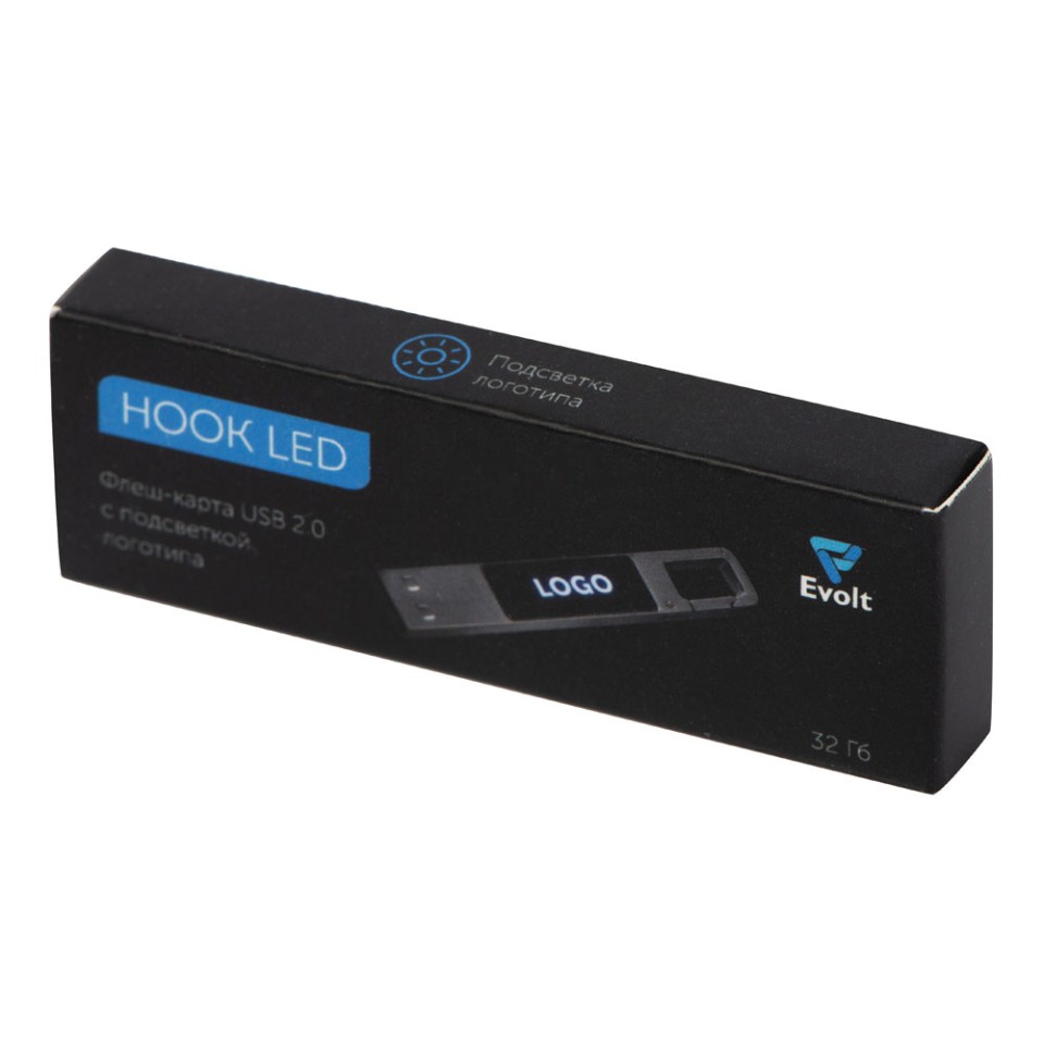 USB 2.0- флешка на 32 Гб c подсветкой логотипа «Hook LED», темно-серый, синяя подсветка