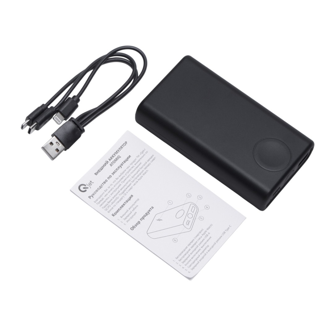 Внешний беспроводной аккумулятор 2-в-1 с функцией зарядки Apple Watch, QC/PD «AtomIQ», 10000 мАч, черный