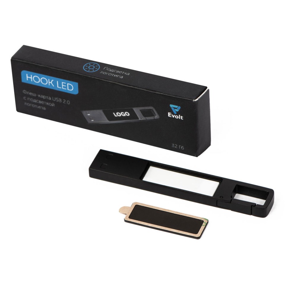 USB 2.0- флешка на 32 Гб c подсветкой логотипа «Hook LED», темно-серый, белая подсветка
