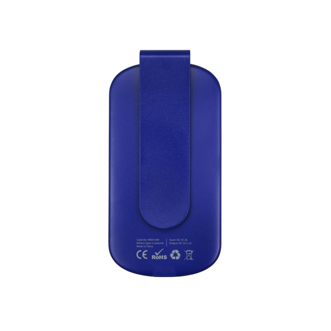Портативное зарядное устройство "Pin" на 4000 mAh с большой площадью нанесения и клипом для крепления к одежде или сумке, синий